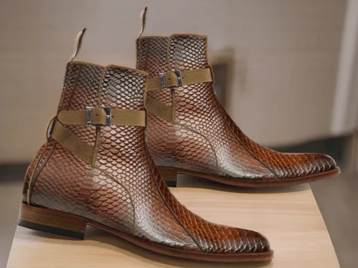 Awesome Handmade Men's Brown Python Textured Leather Jodhpur Boots, Men Fashion Dress Ankle Boots