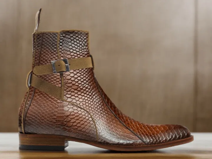 Awesome Handmade Men's Brown Python Textured Leather Jodhpur Boots, Men Fashion Dress Ankle Boots