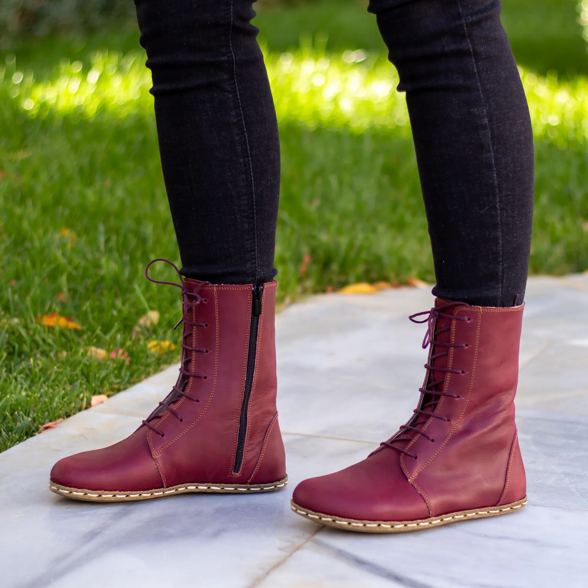 Barefoot Leather Lace-up Burgundy Boots for Women