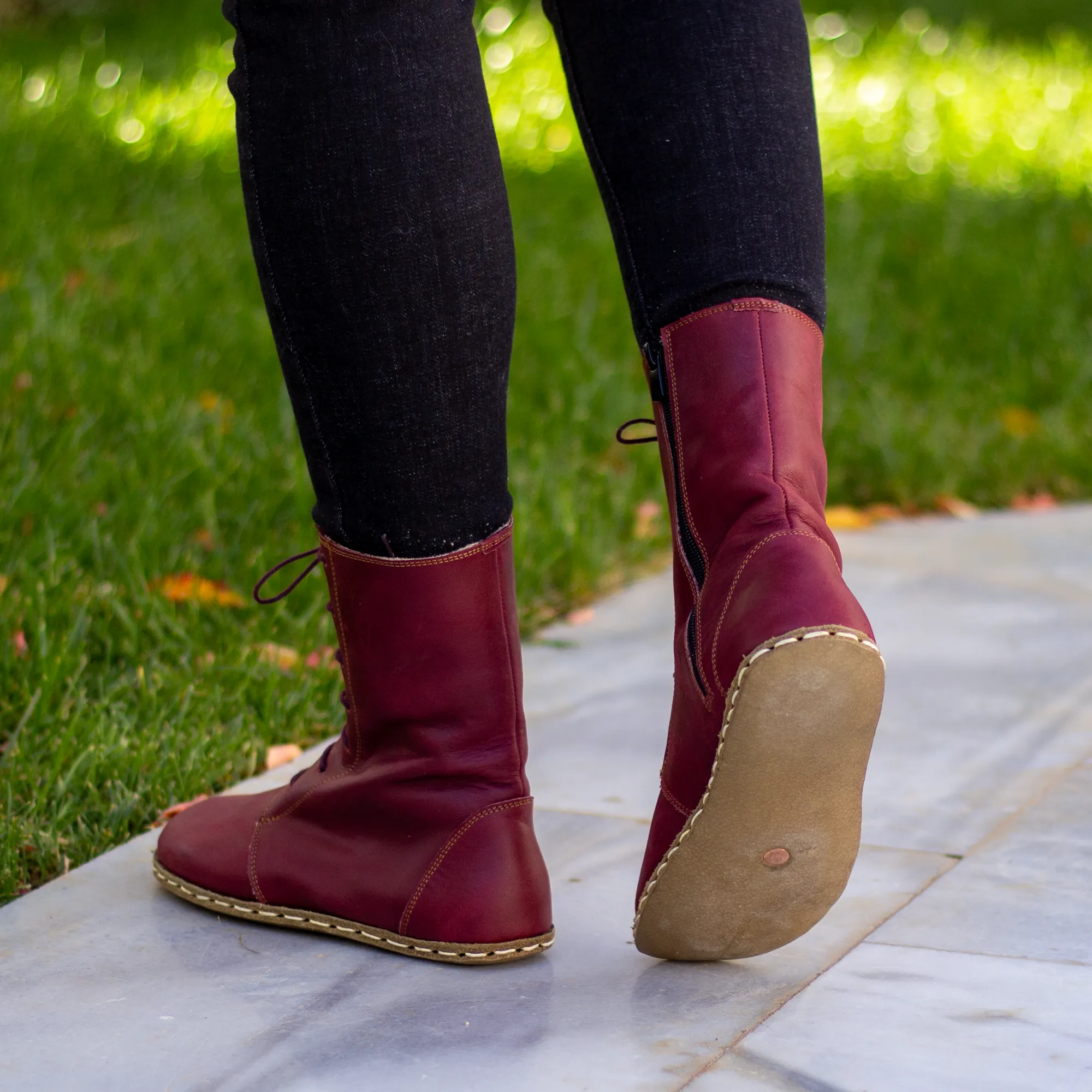 Barefoot Leather Lace-up Burgundy Boots for Women