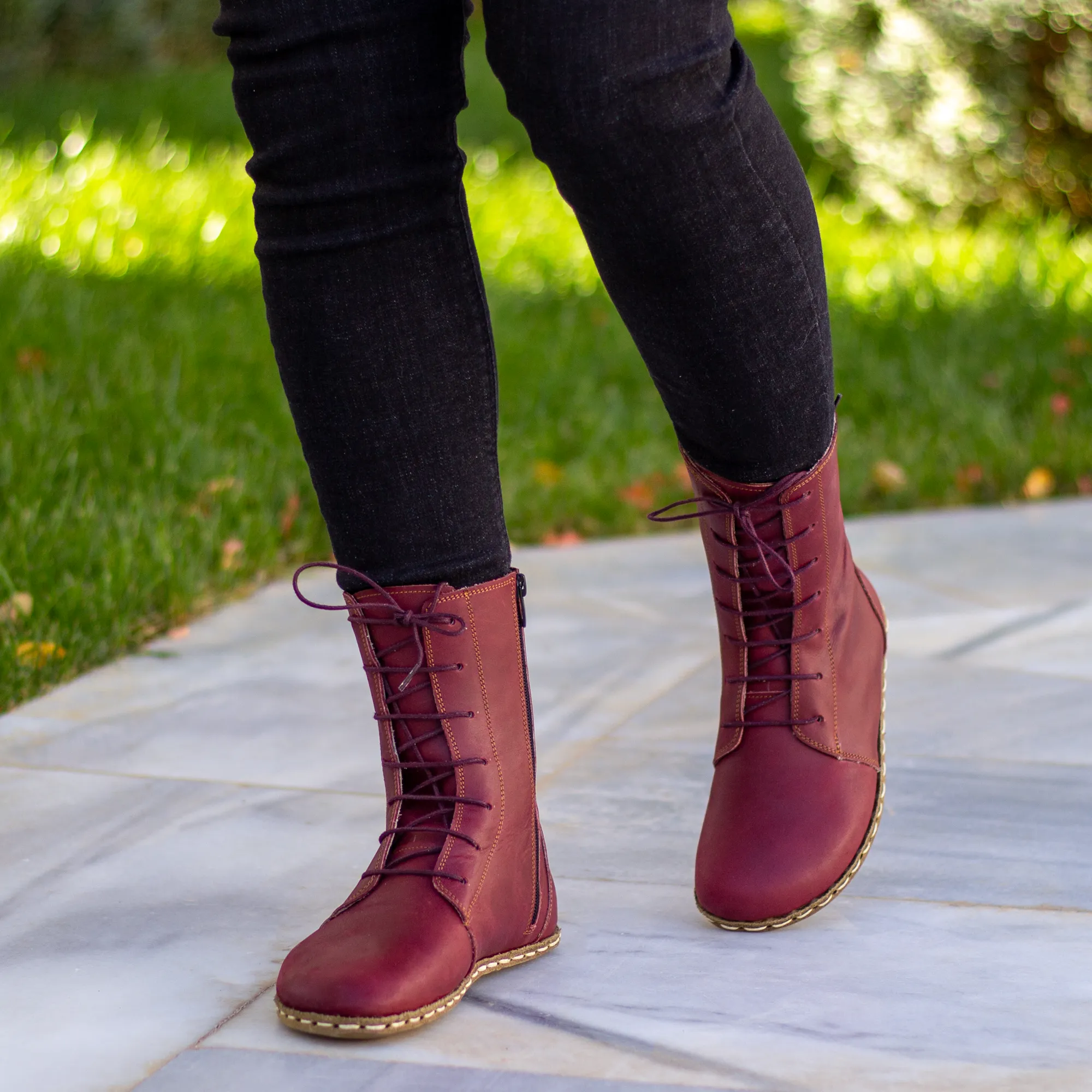 Barefoot Leather Lace-up Burgundy Boots for Women