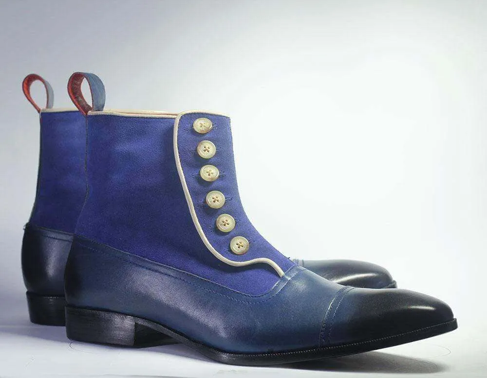 Beautiful Handmade Men's Blue Cap Toe Ankle High Boots, Men Leather Suede Button Designer Boots