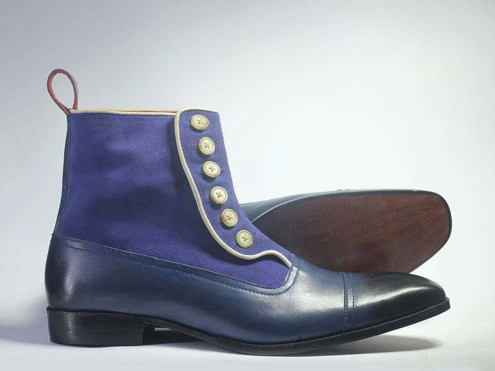 Beautiful Handmade Men's Blue Cap Toe Ankle High Boots, Men Leather Suede Button Designer Boots