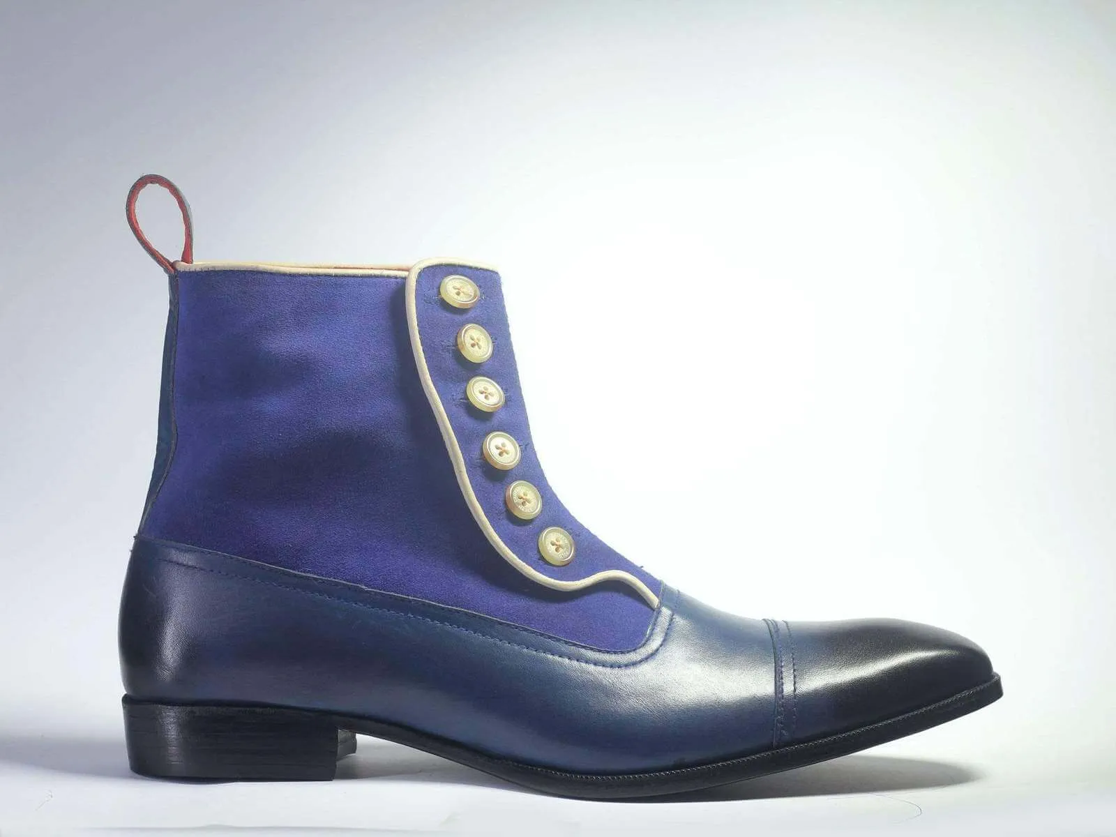 Beautiful Handmade Men's Blue Cap Toe Ankle High Boots, Men Leather Suede Button Designer Boots