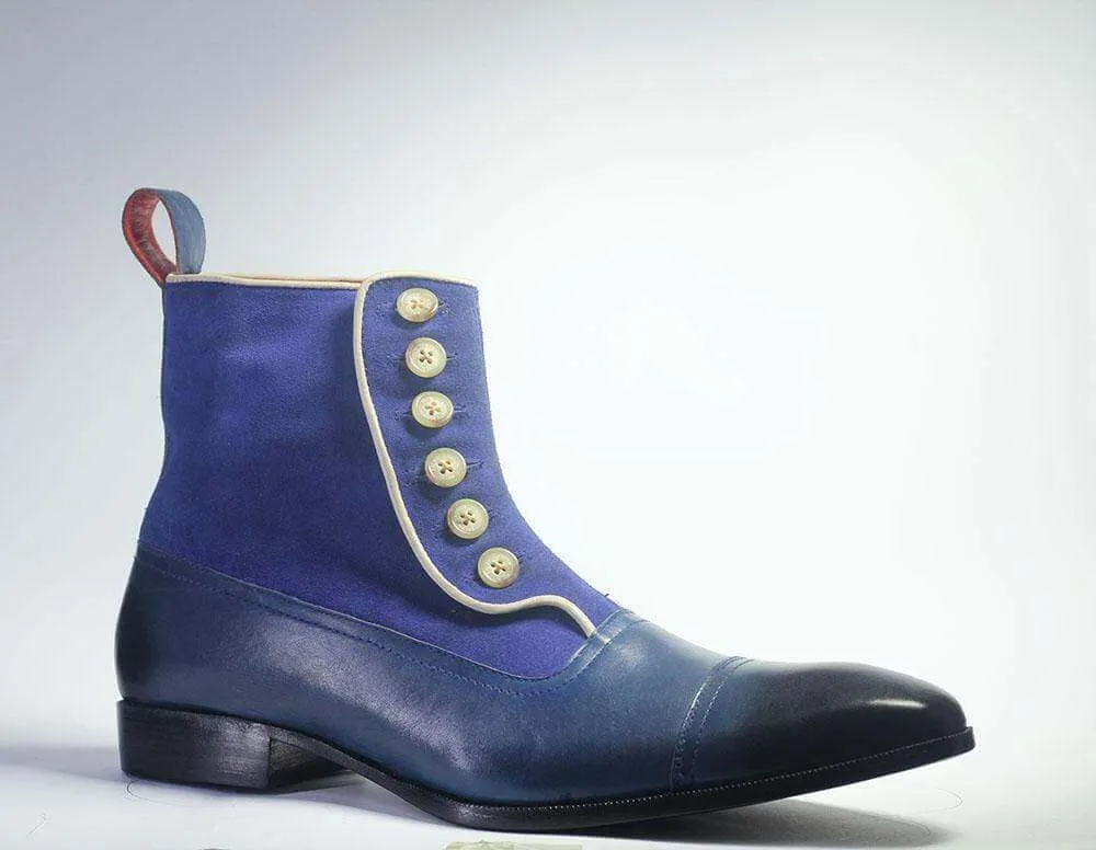 Beautiful Handmade Men's Blue Cap Toe Ankle High Boots, Men Leather Suede Button Designer Boots