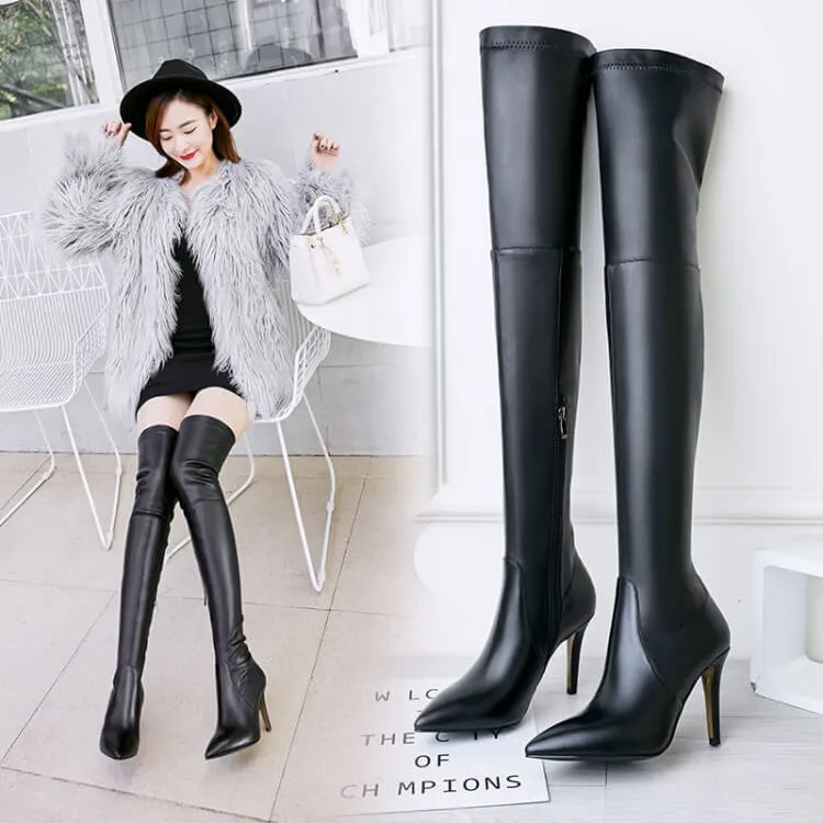 Black Leather Point Toe Stretch Over Knee Boots