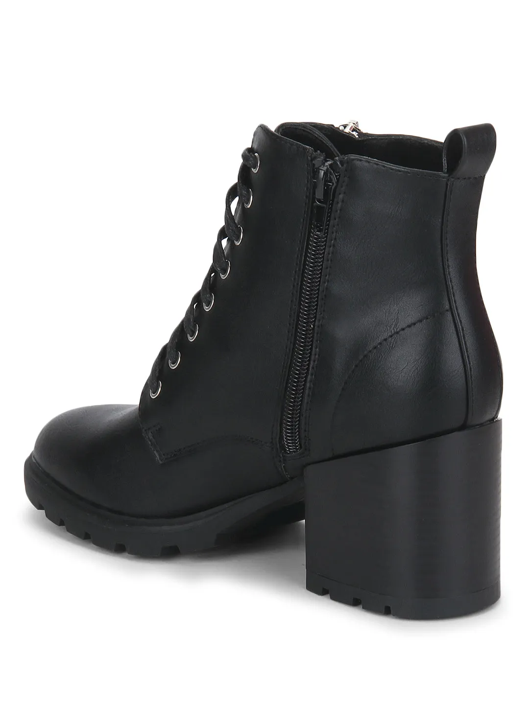 Black PU Lace-Up Zipper Block Heel Ankle Length Boots