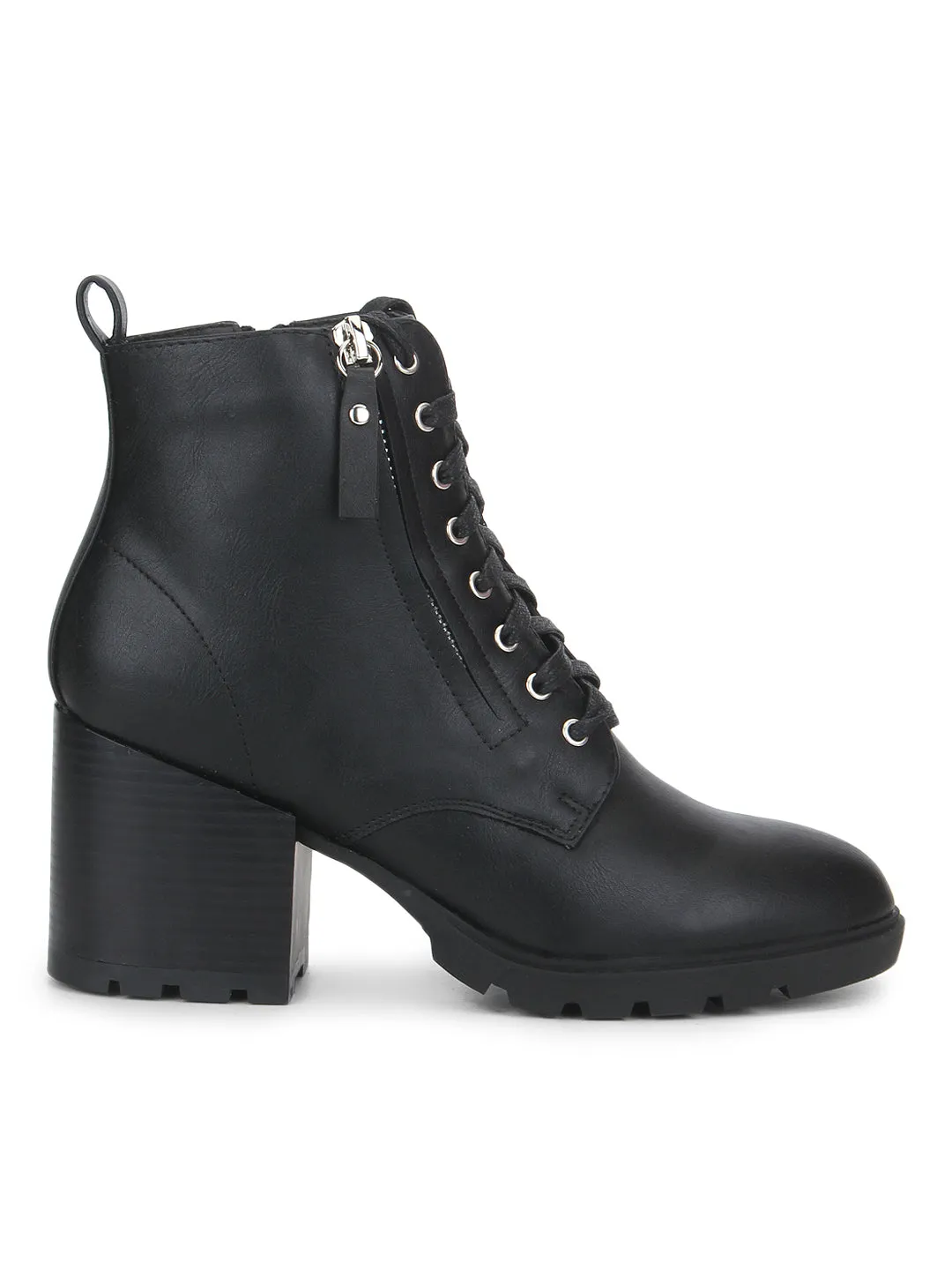 Black PU Lace-Up Zipper Block Heel Ankle Length Boots