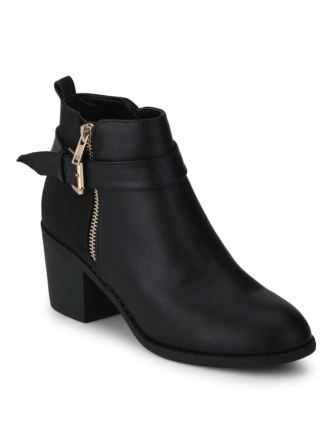 Black PU Side Zipper Buckled Low Block Heel Ankle Length Boots