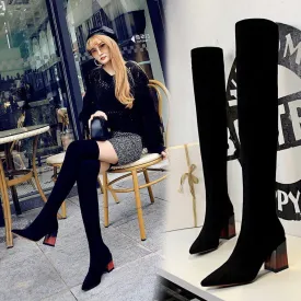 Black Suede Point Toe Chunky Heel Over Knee Boots