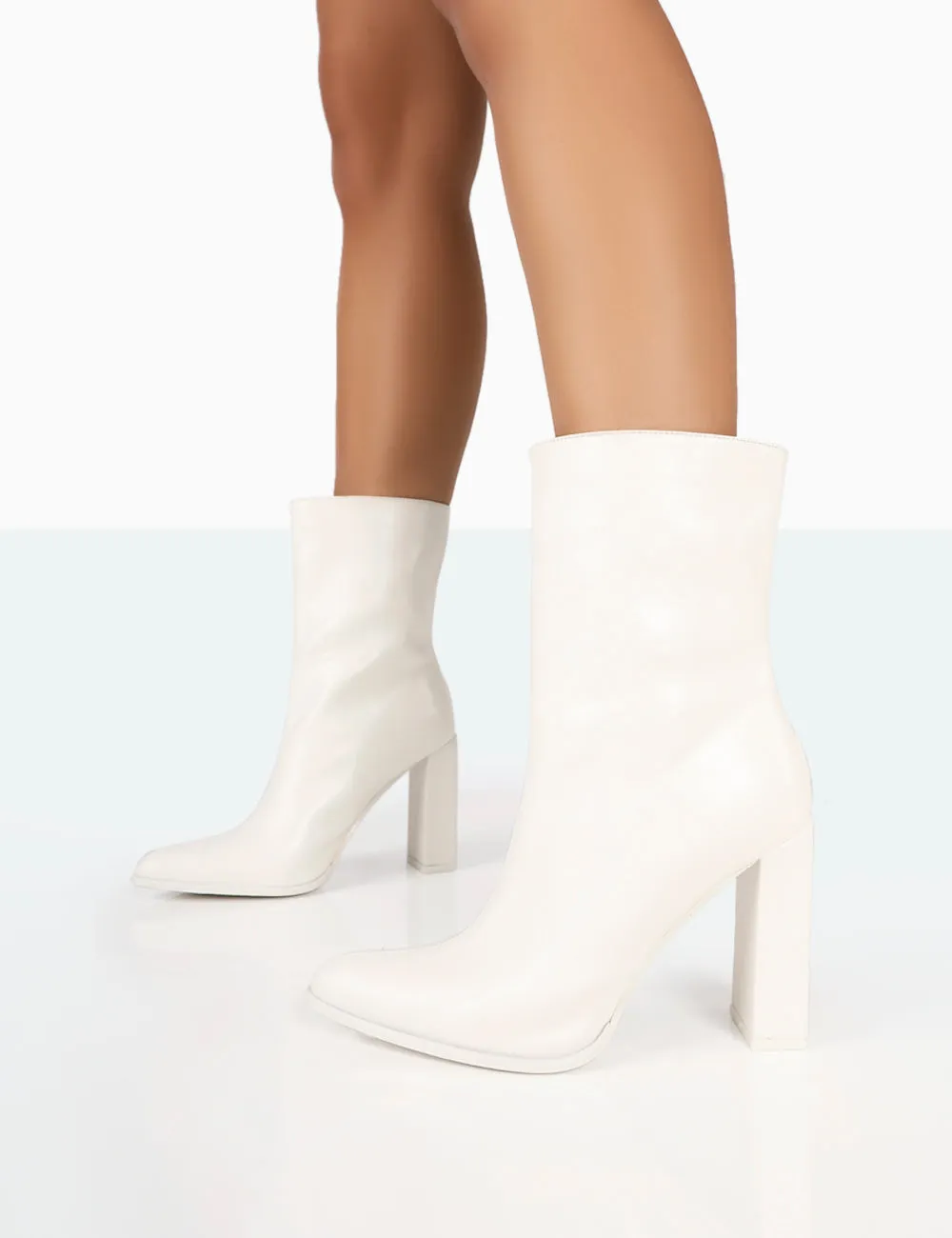 Bridget White PU Pointed Toe Block Heeled Ankle Boots