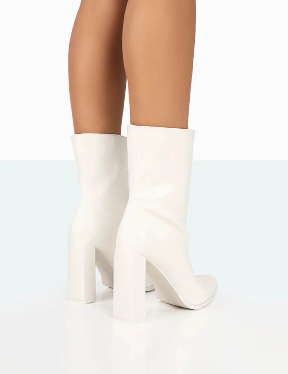 Bridget White PU Pointed Toe Block Heeled Ankle Boots