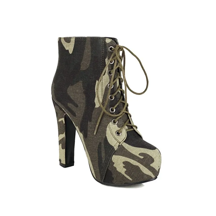 Camouflage Lace Up Platform Ankle Boots High Heels 6927