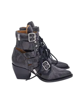 Chloe Rylee Cutout Snake-Effect Ankle Boots in Black Leather