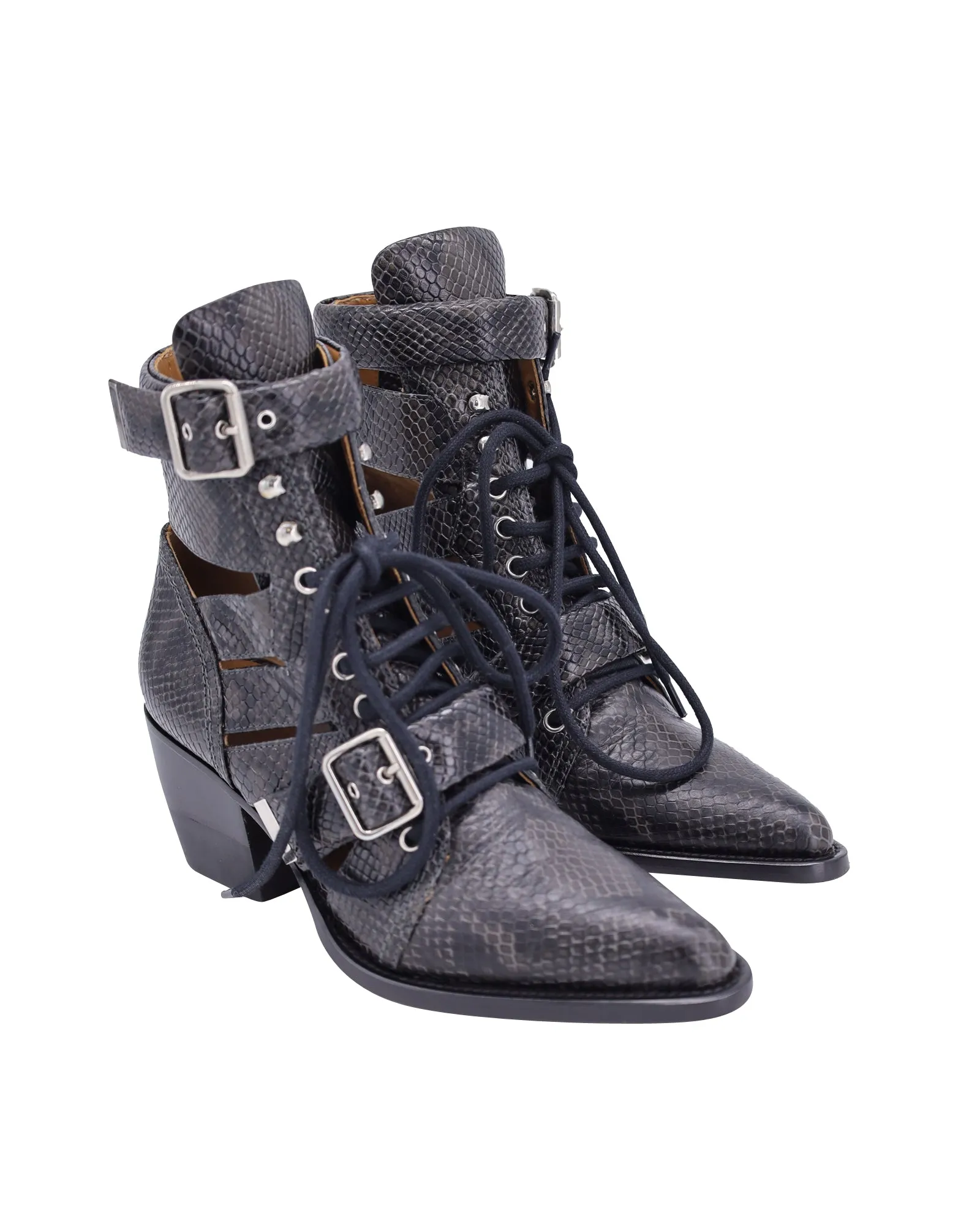 Chloe Rylee Cutout Snake-Effect Ankle Boots in Black Leather