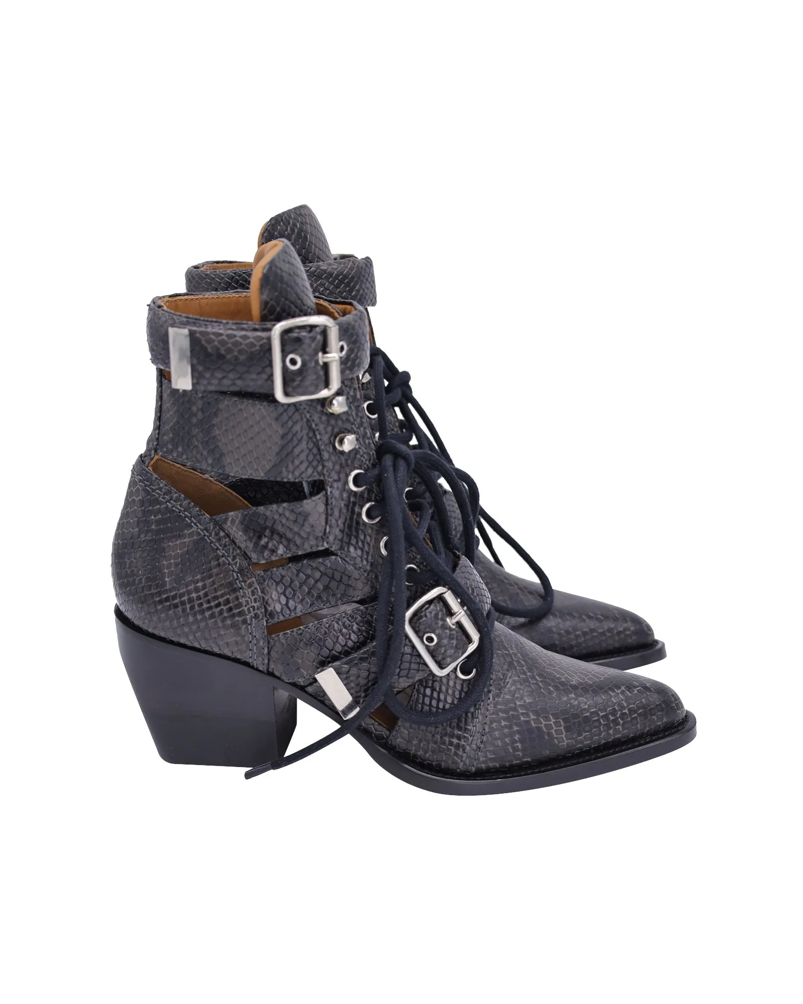 Chloe Rylee Cutout Snake-Effect Ankle Boots in Black Leather