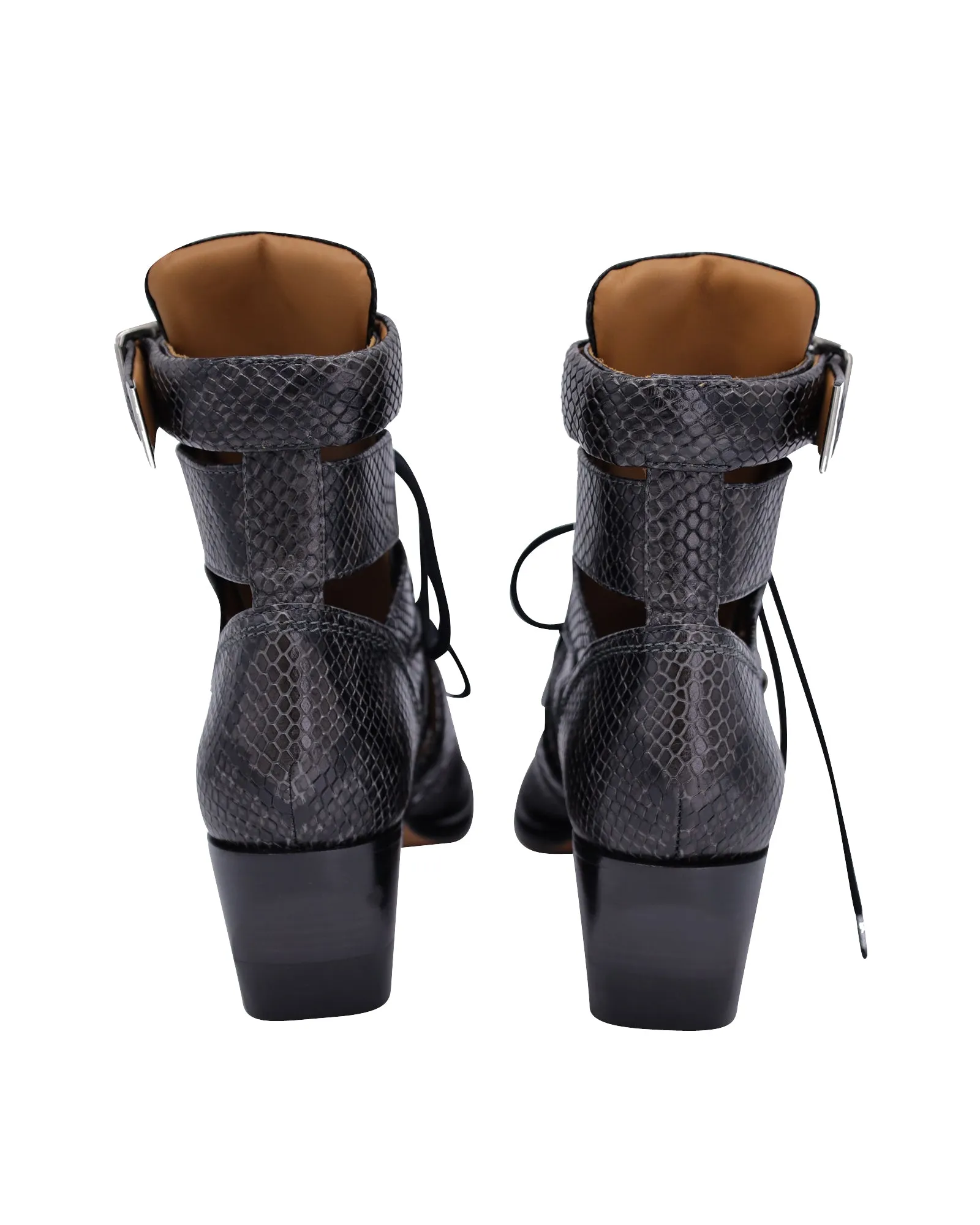 Chloe Rylee Cutout Snake-Effect Ankle Boots in Black Leather