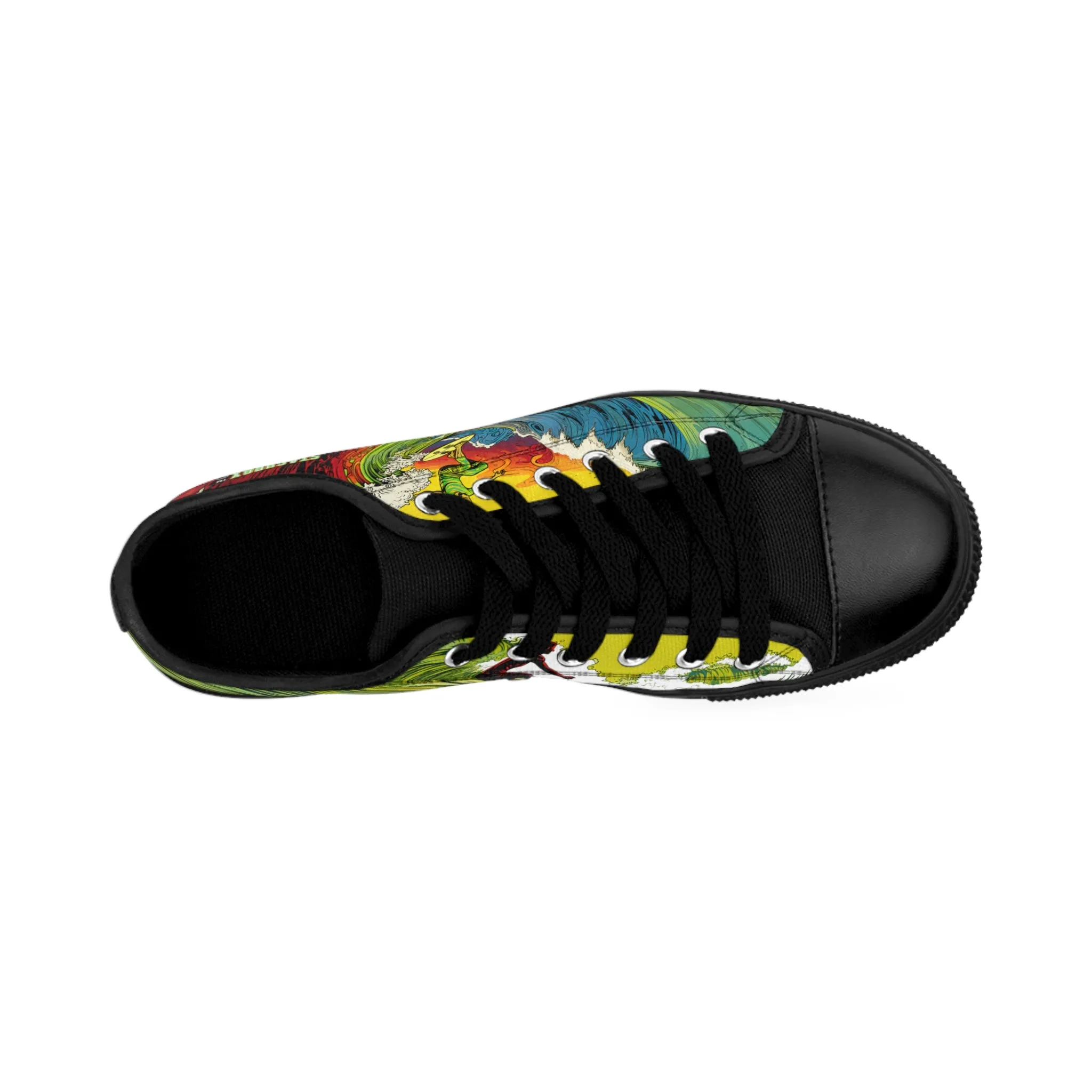 Custom Men's Sneakers Surfing Wave Green Yellow Red Surfboard 002