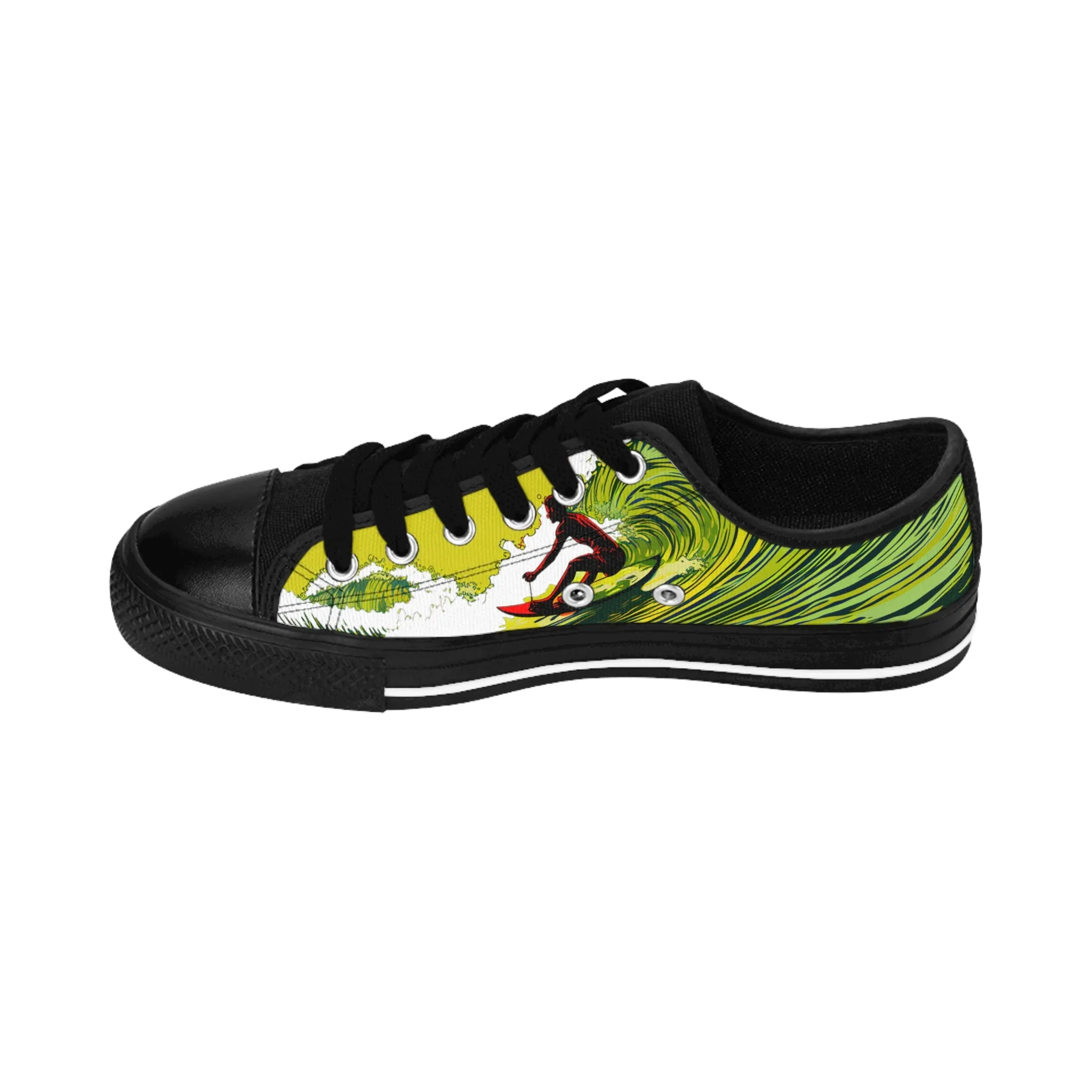 Custom Men's Sneakers Surfing Wave Green Yellow Red Surfboard 002