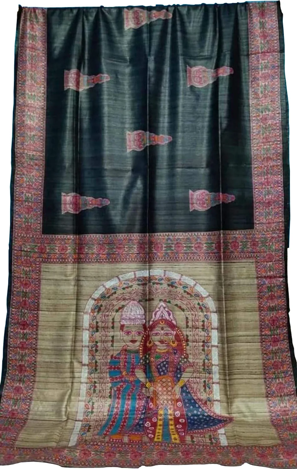 Elegant Black Madhubani Hand Painted Silk Saree