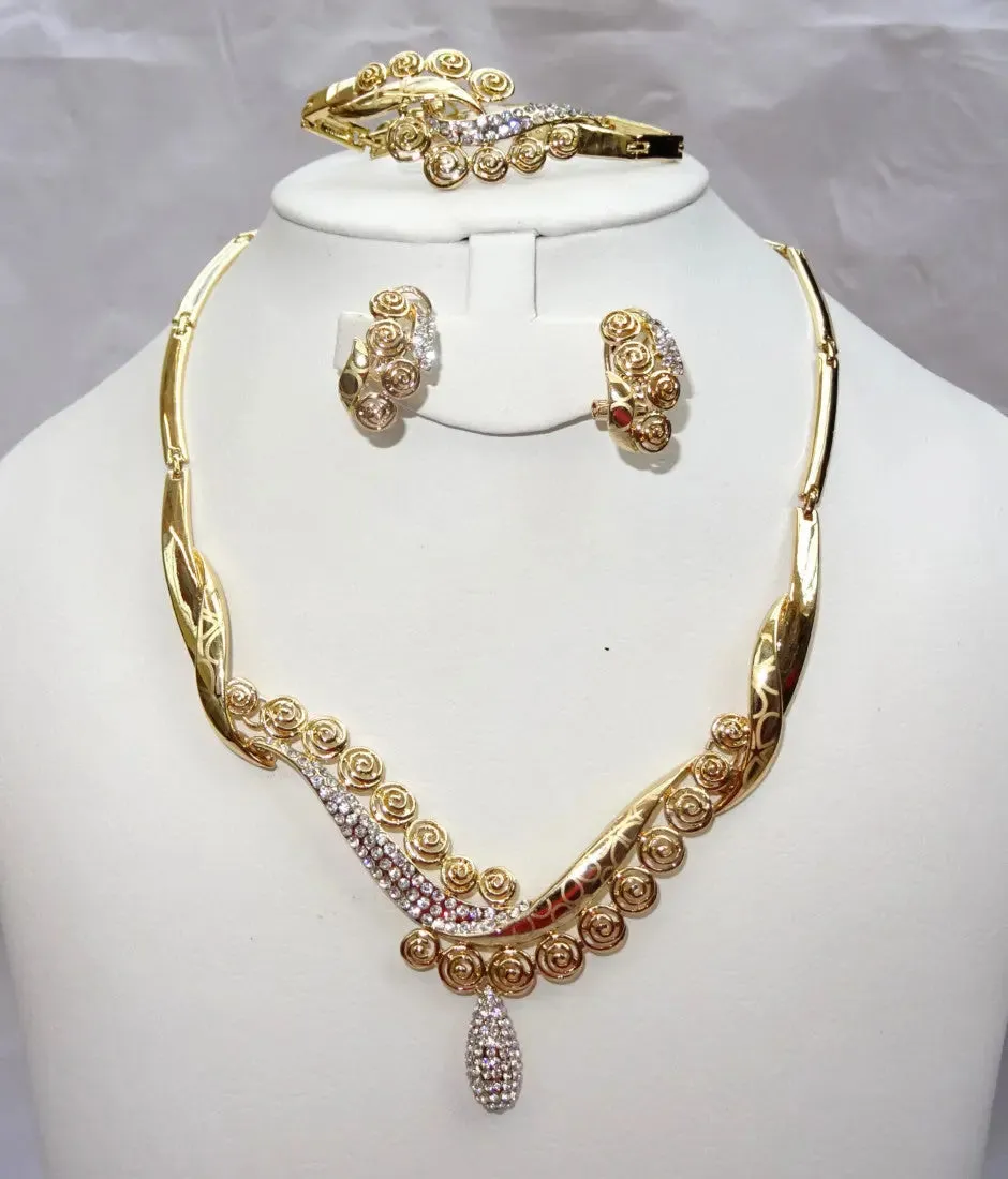 Elegant Gold Plated Rhinestones Party Necklace Earring Jewelry Set