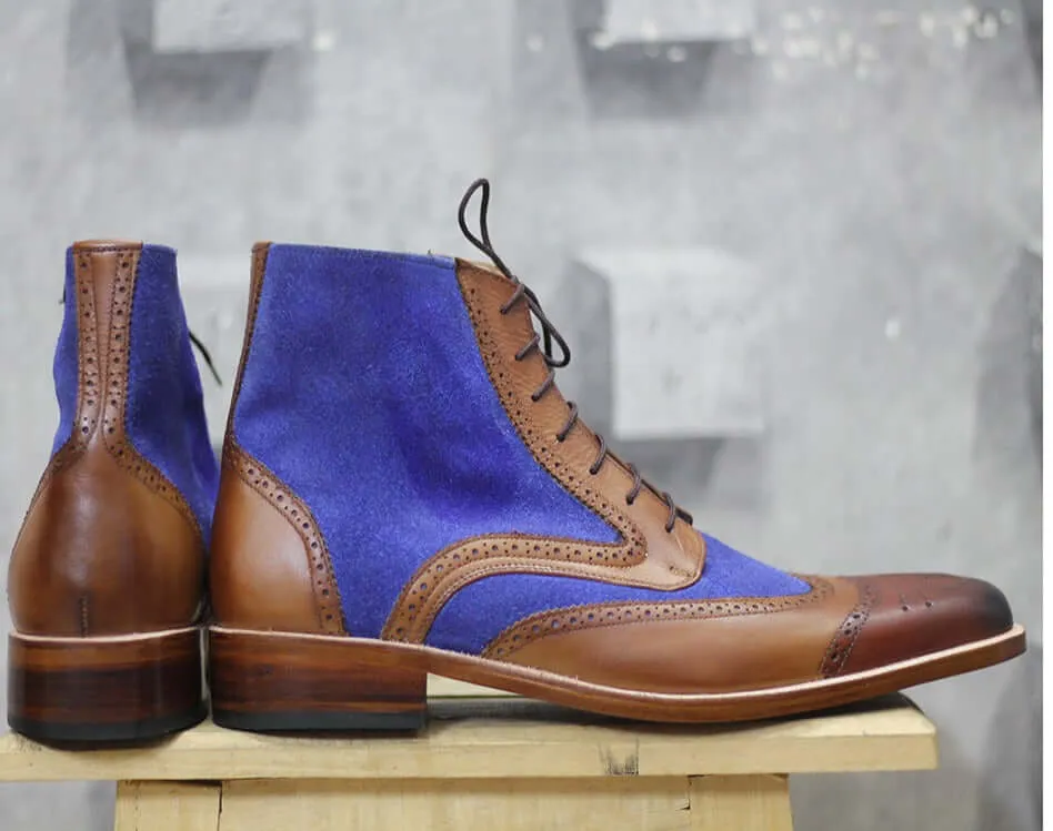 Elegantly Designed Handmade Leather & Suede boots for men, Men's Brown & Blue ankle high boots