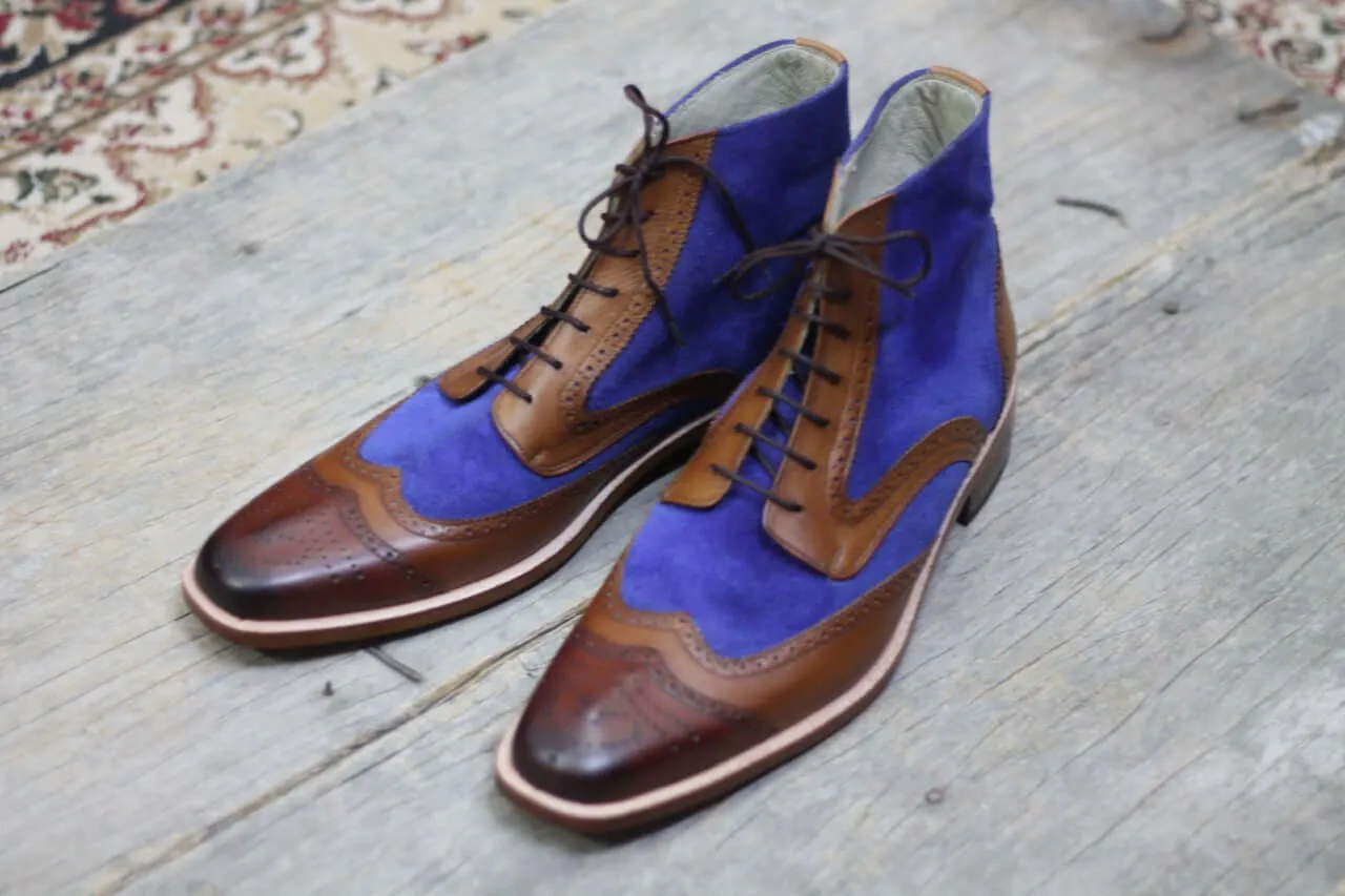 Elegantly Designed Handmade Leather & Suede boots for men, Men's Brown & Blue ankle high boots