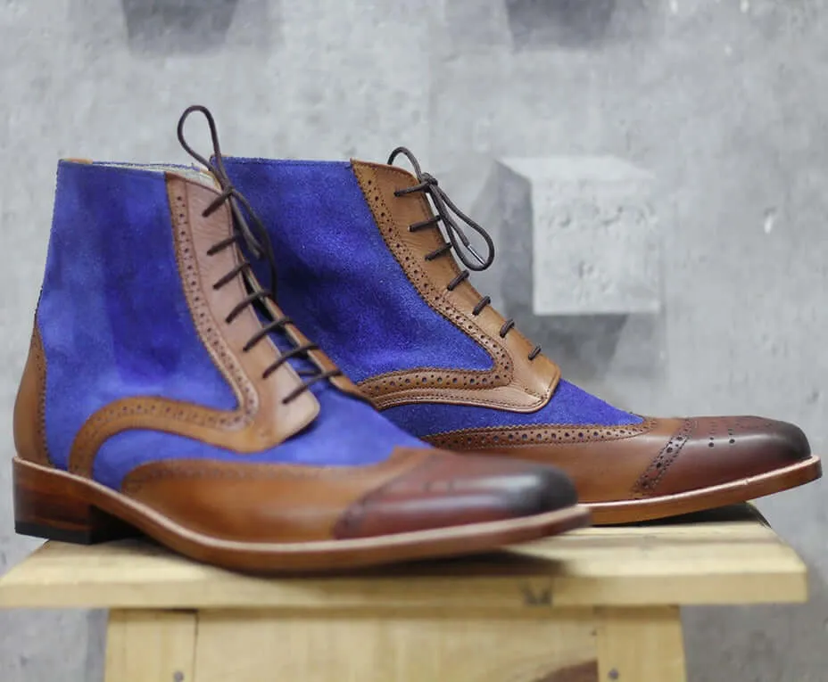 Elegantly Designed Handmade Leather & Suede boots for men, Men's Brown & Blue ankle high boots