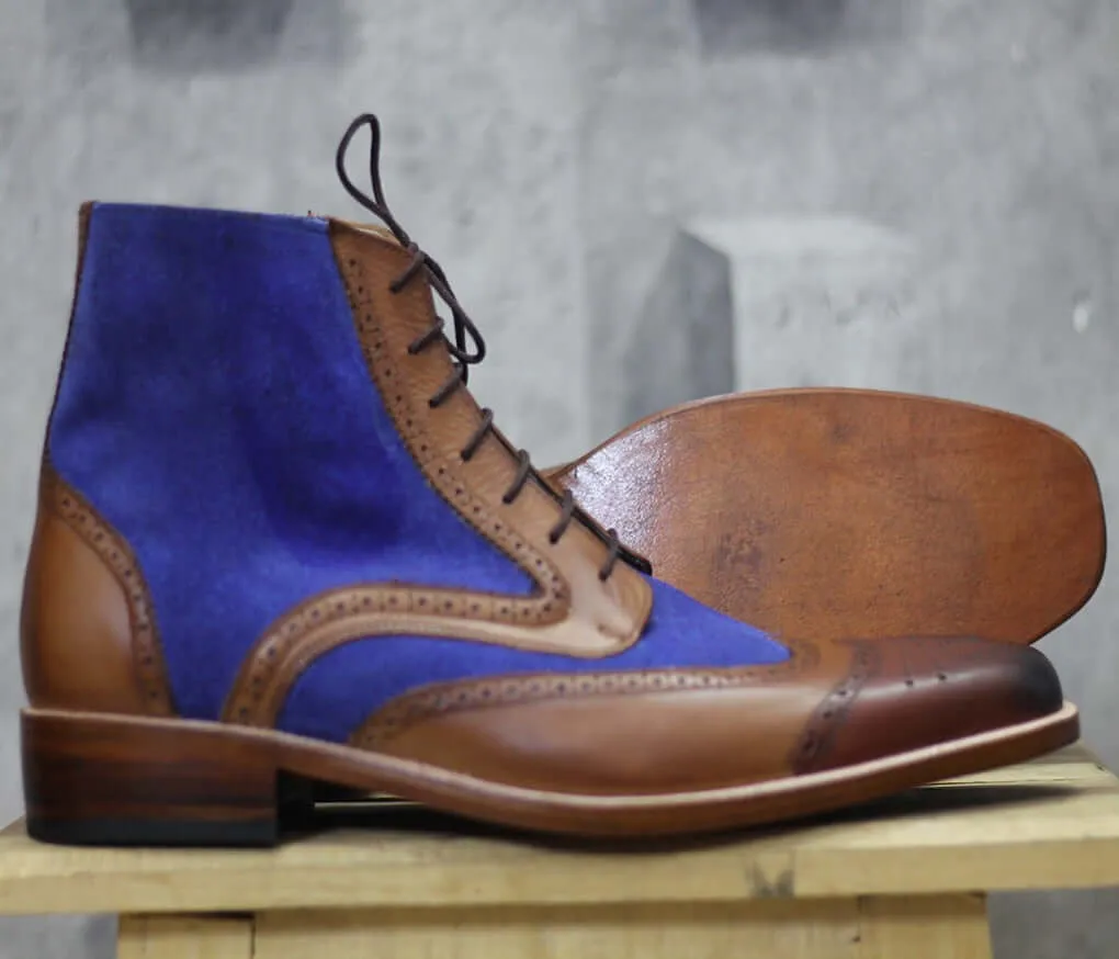 Elegantly Designed Handmade Leather & Suede boots for men, Men's Brown & Blue ankle high boots