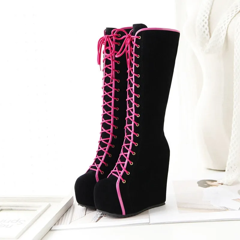 Funki Buys | Boots | Women's Pink Lace Up Suede Platform Boot