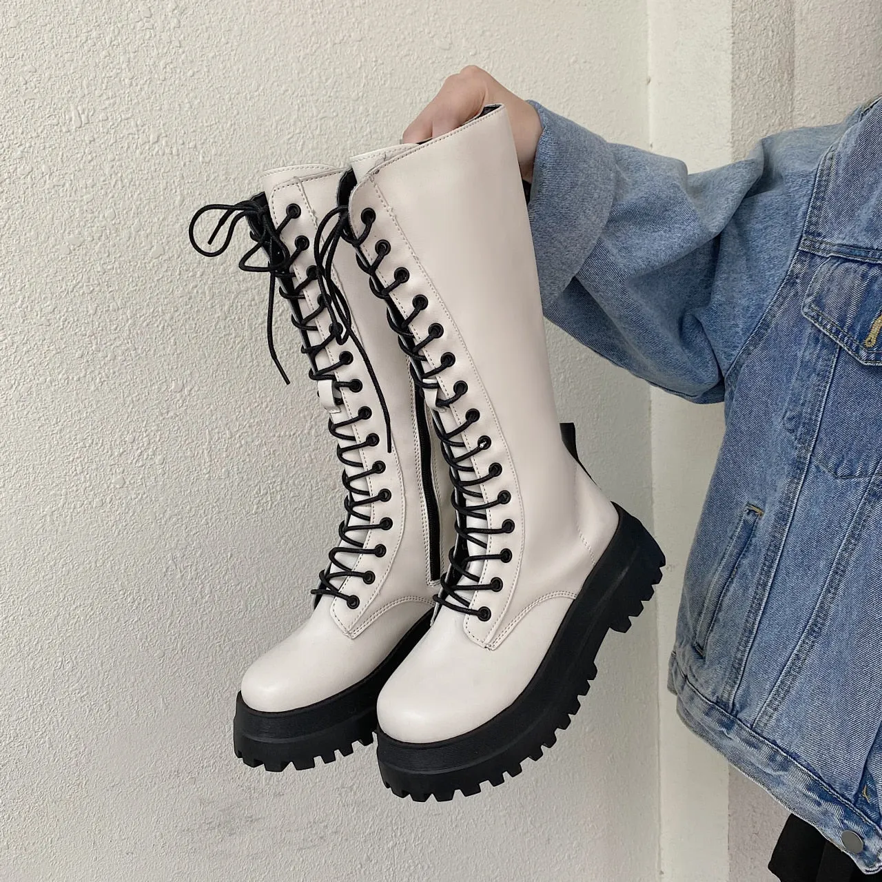 Funki Buys | Boots | Women's White Gothic Punk Lace Up Boots