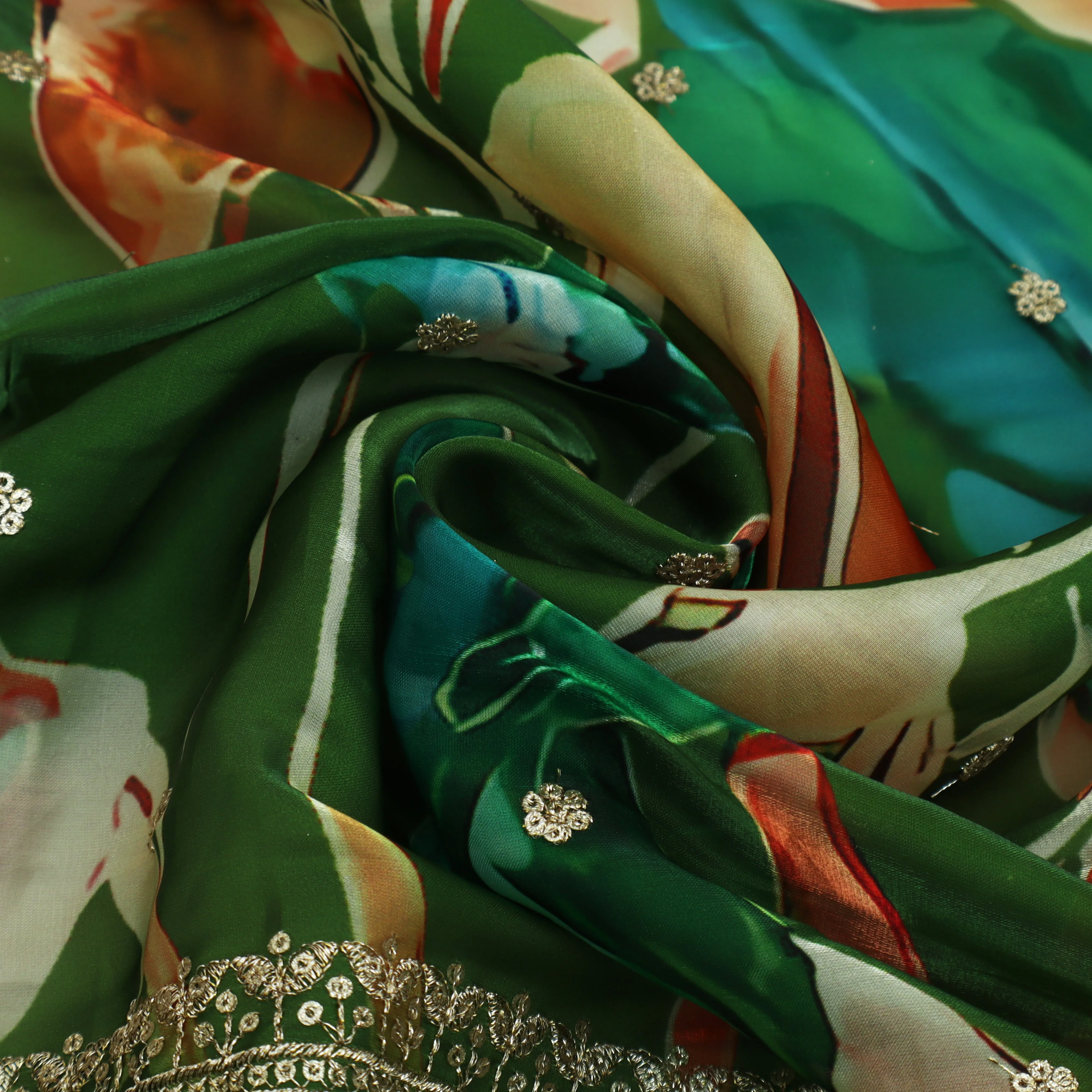 Green Color Organza Print Embroidery Fabric