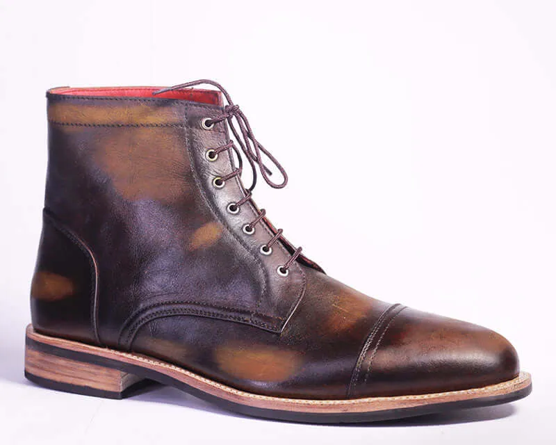 Handmade Brown Leather Round Toe Lace Up Boots, Men Designer Boots