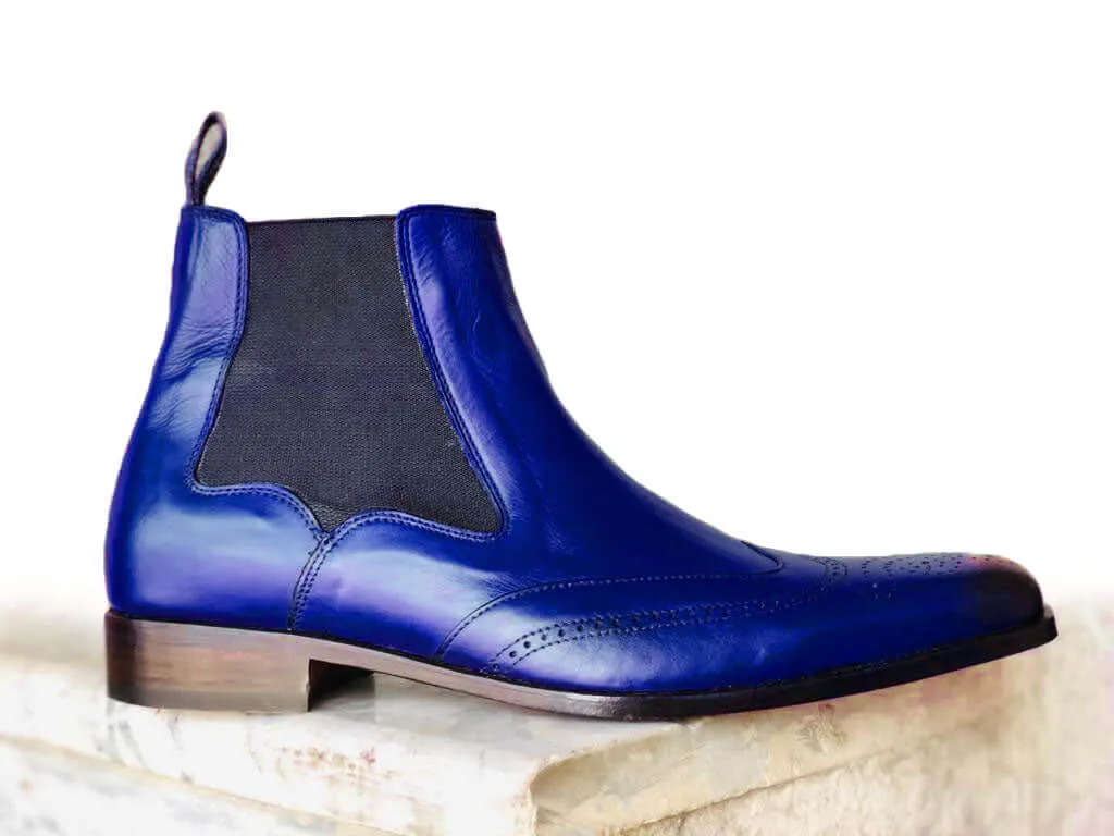 Handmade Men’s Ankle High Leather Wing Tip Brogue Boots, Men’s Blue Color Chelsea Boots