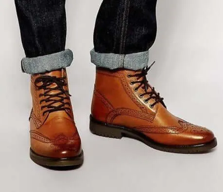 Handmade Men's Tan Brogue Ankle Boots, Men Wing Tip Lace up Casual Fashion Boots