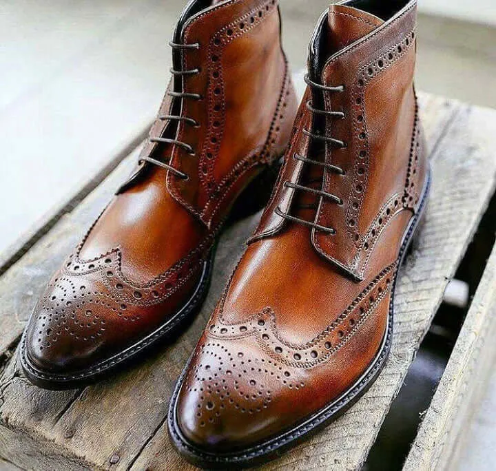 Men's Handmade Brown Ankle High Leather Boots, Men Wing Tip Brogue Lace Up Boots