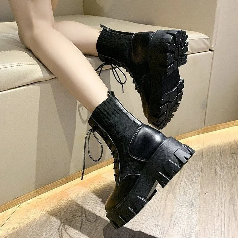 Patent Leather Black Flat High Platform Women Non-slip