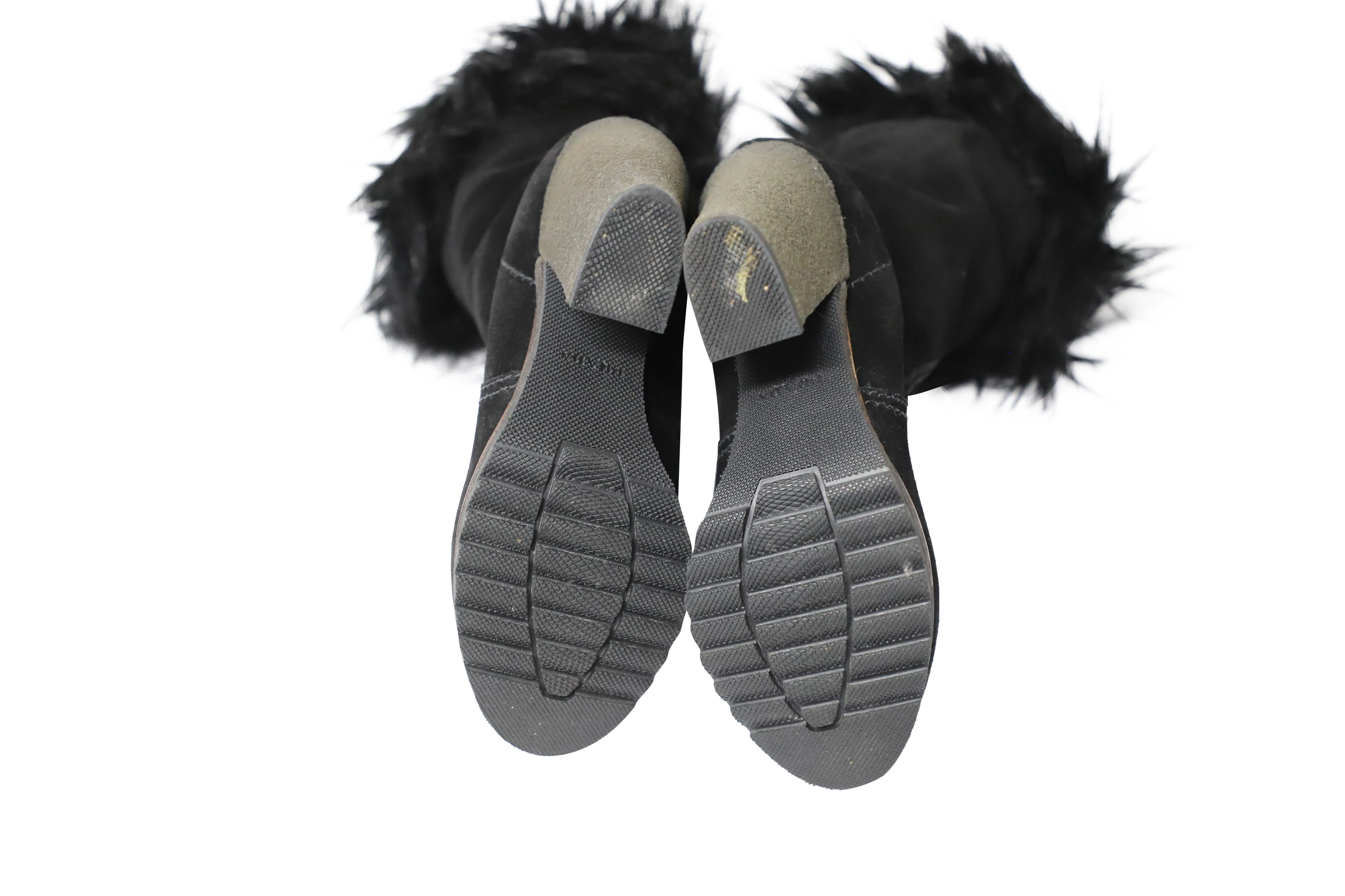 Prada Faux Fur Ankle Boots in Black Suede