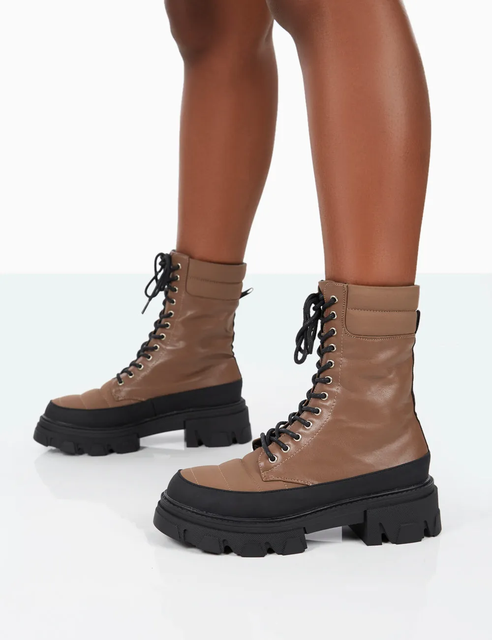 Refresh Mocha PU Nylon Lace Up Platform Chunky Sole Ankle Boots