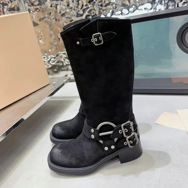 Retro Quality Leather Chunky Heel Mid Calf Boots for Women