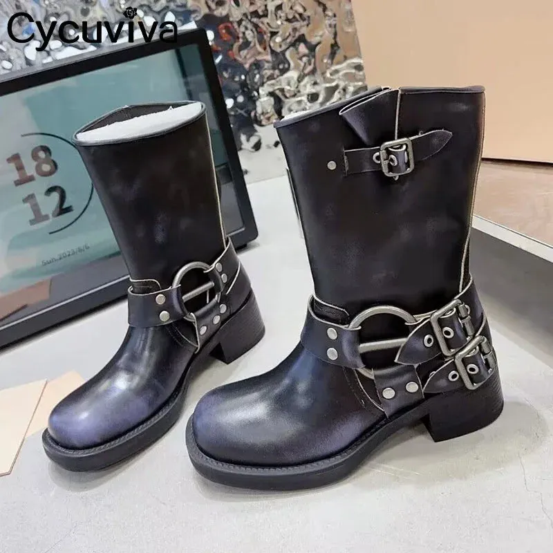 Retro Quality Leather Chunky Heel Mid Calf Boots for Women