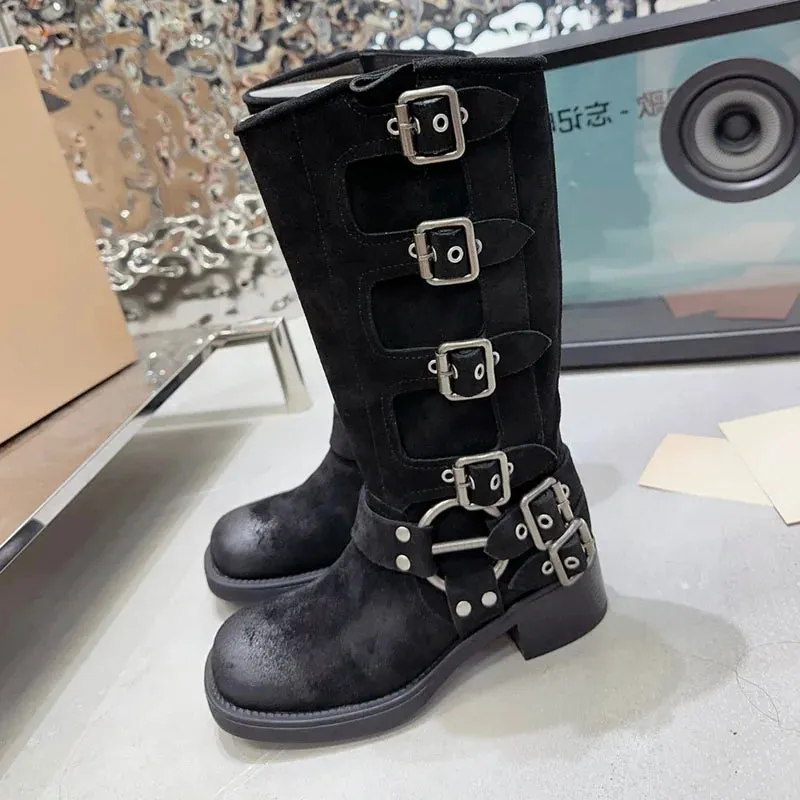 Retro Quality Leather Chunky Heel Mid Calf Boots for Women