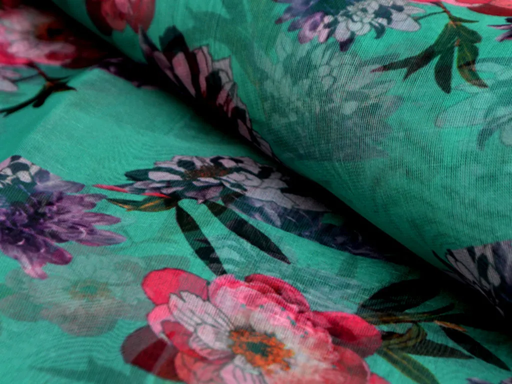 Teal Green Floral Digital Printed Semi Organza Fabric