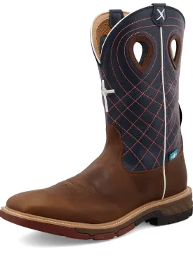 TWISTED X MEN'S (MXBW001) 12" WATERPROOF SQUARE TOE PULL-ON WESTERN WORK BOOT- BROWN W/ BLUE TOP