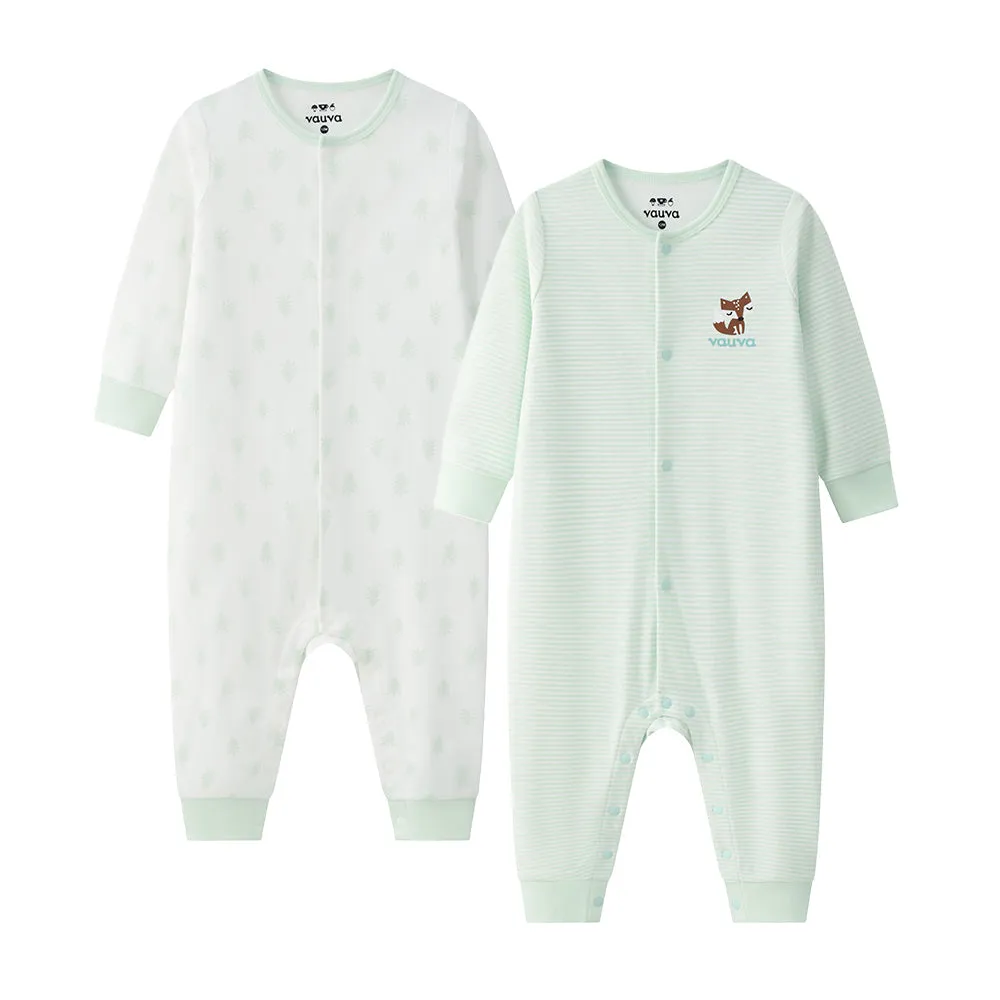 Vauva BBNS - Baby Anti-bacterial Organic Cotton Long-sleeved Romper 2-pack (Green/Strips)