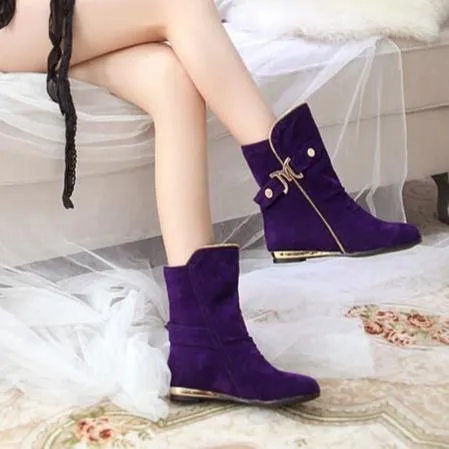 Women fashion buckle strap side zipper short flat boots