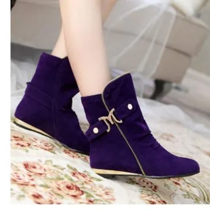 Women fashion buckle strap side zipper short flat boots