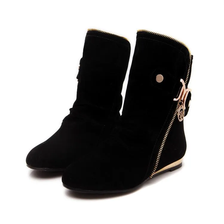 Women fashion buckle strap side zipper short flat boots