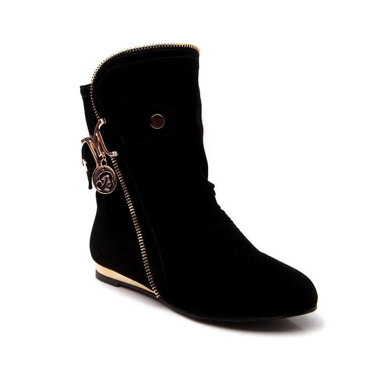 Women fashion buckle strap side zipper short flat boots