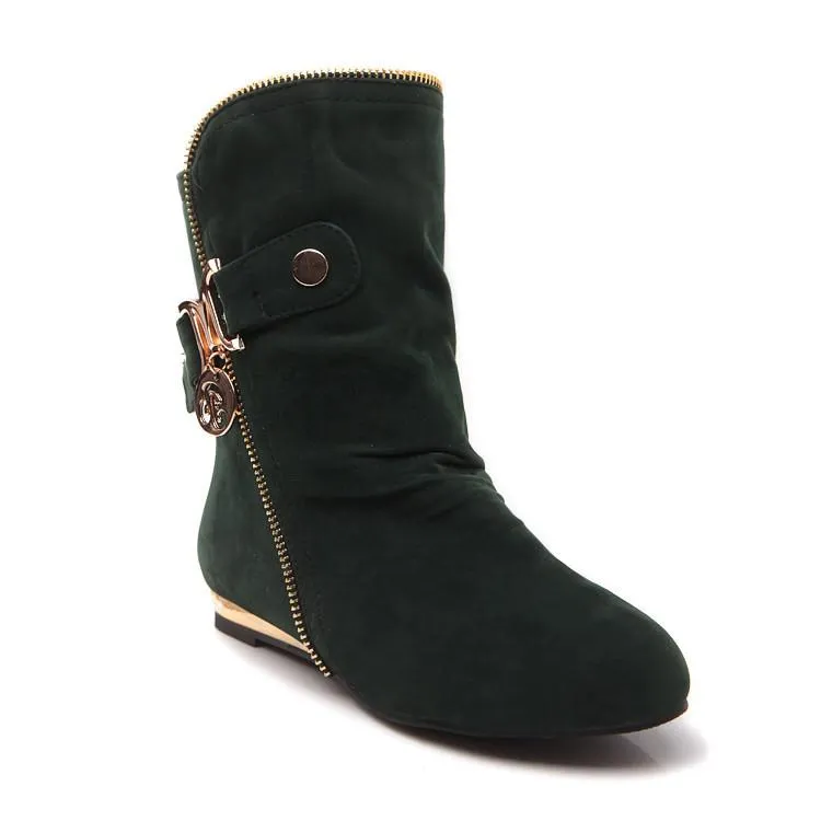 Women fashion buckle strap side zipper short flat boots